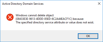 Windows cannot delete object because: The specified directory service attribute or value does not exist.