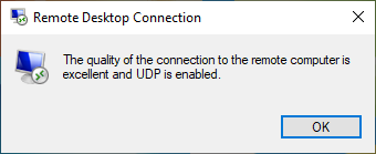 RDP connection showing UDP is enabled